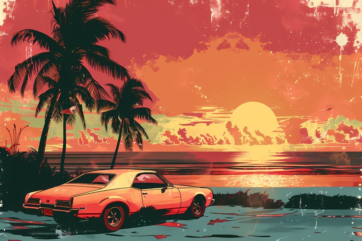 Classic car parked at retro beach scene