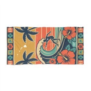 Vintage tropical Hawaiian beach towel featuring surfer and sunset stripe design