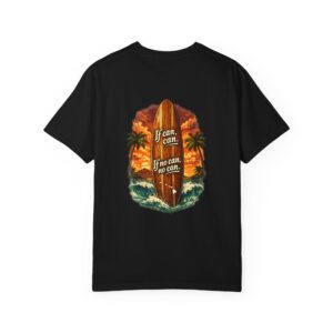 Vintage Hawaiian surf poster style t-shirt with pidgin saying if can can if no can no can and wooden longboard illustration