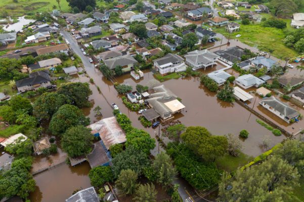 Flooded streets in Haleiwa on Oahu's North Shore during heavy Kona low rainfall, March 20, 2026