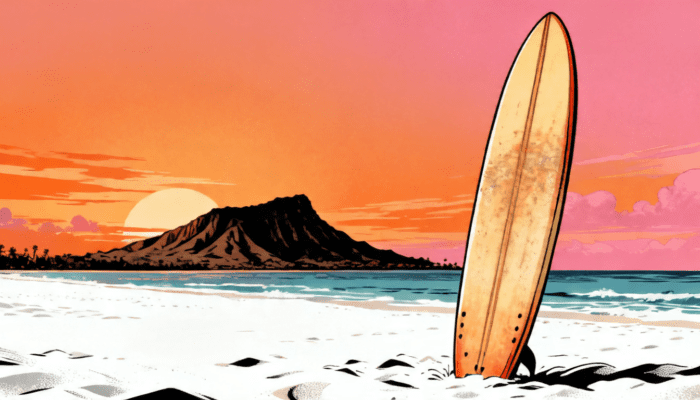 Hawaii.Surf one year anniversary retro Hawaiian beach illustration