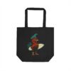 Kani da Moa rooster surfer graphic on a black eco canvas tote bag, front view