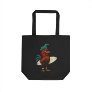 Da Moa rooster surfer graphic on a black eco canvas tote bag, front view