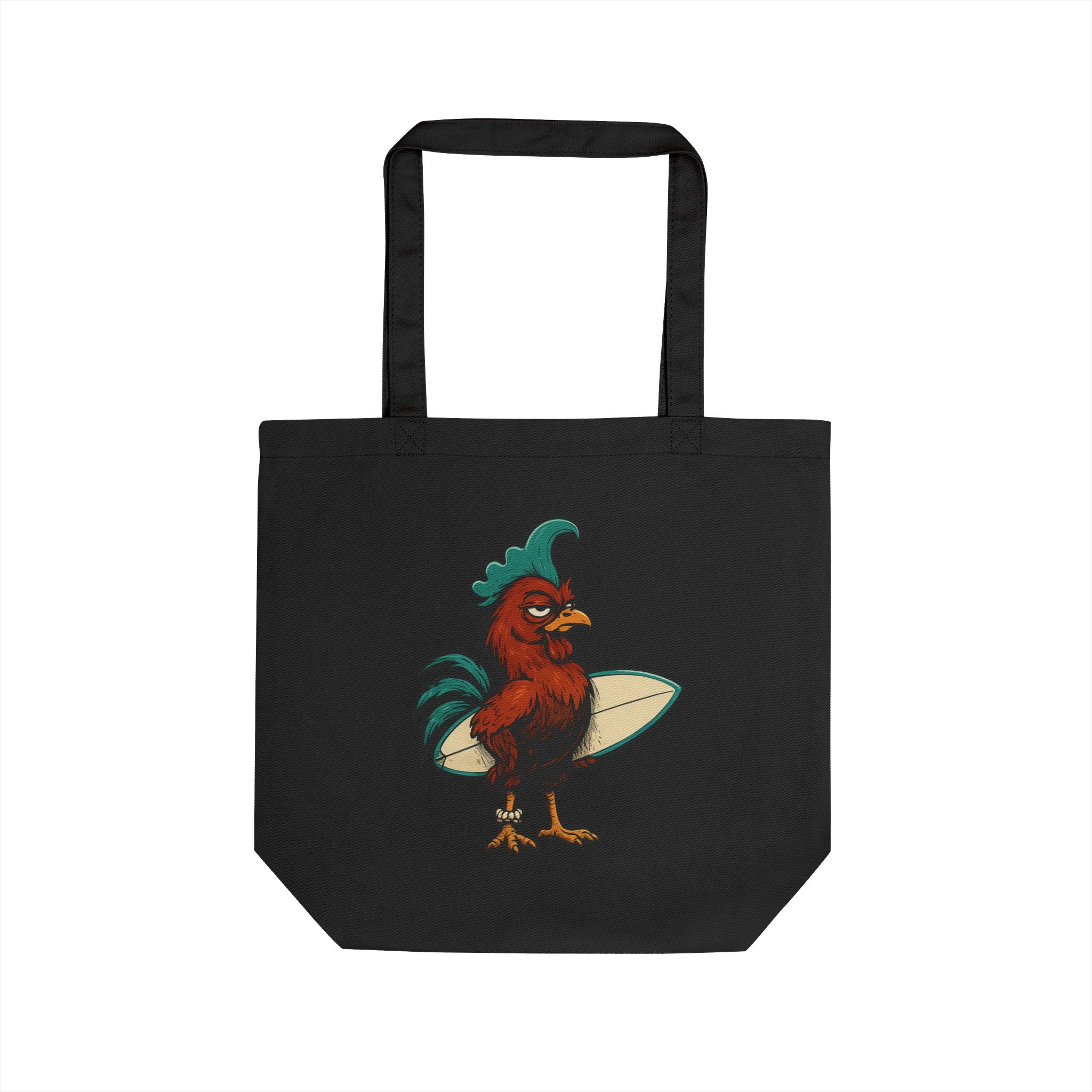 Kani da Moa rooster surfer graphic on a black eco canvas tote bag, front view