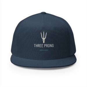 Three Prong trucker cap in navy — sand embroidered spear mark, THREE PRONG lettering, hawaii.surf