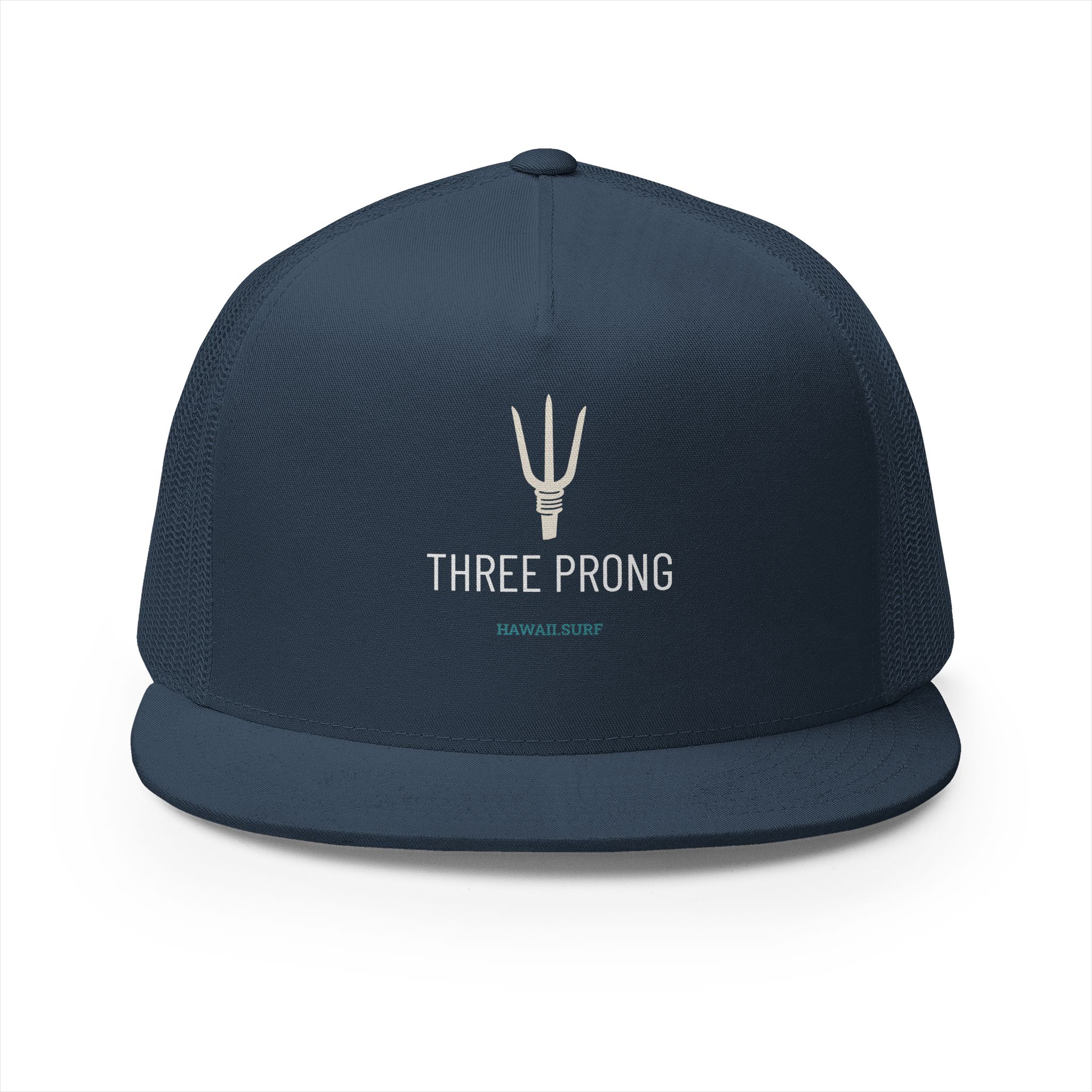Three Prong trucker cap in navy — sand embroidered spear mark, THREE PRONG lettering, hawaii.surf