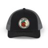Da Moa rooster patch trucker cap, black front with charcoal mesh back, front view