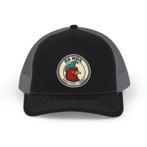 Da Moa rooster patch trucker cap, black front with charcoal mesh back, front view