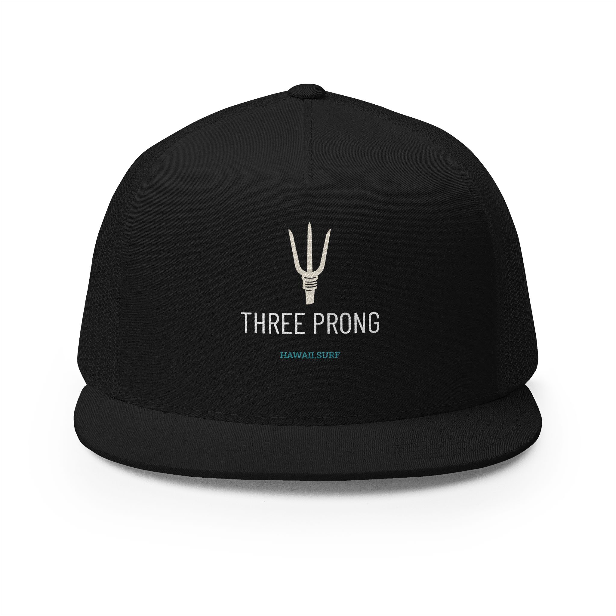 Three Prong trucker cap in black — sand embroidered spear mark, THREE PRONG lettering, hawaii.surf