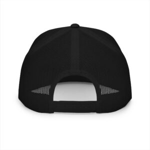 Black Three Prong trucker cap from the back — mesh panels and snapback closure