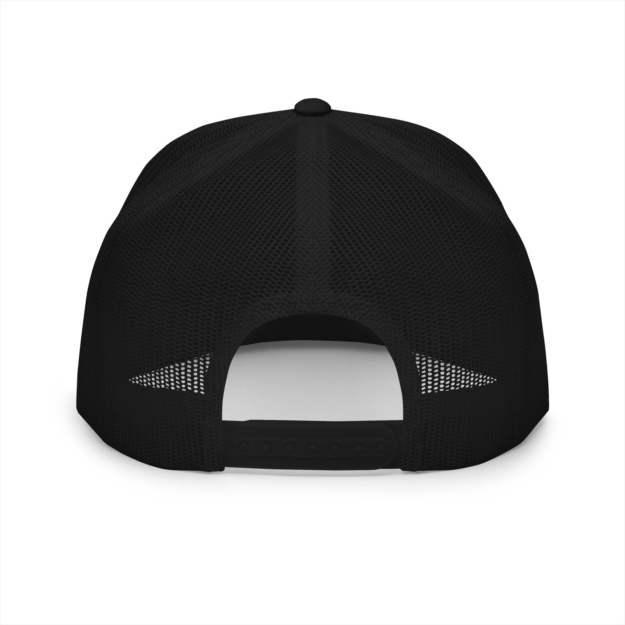 Black Three Prong trucker cap from the back — mesh panels and snapback closure