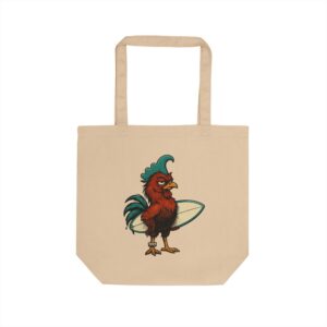 Da Moa rooster surfer graphic on a natural canvas eco tote bag, front view