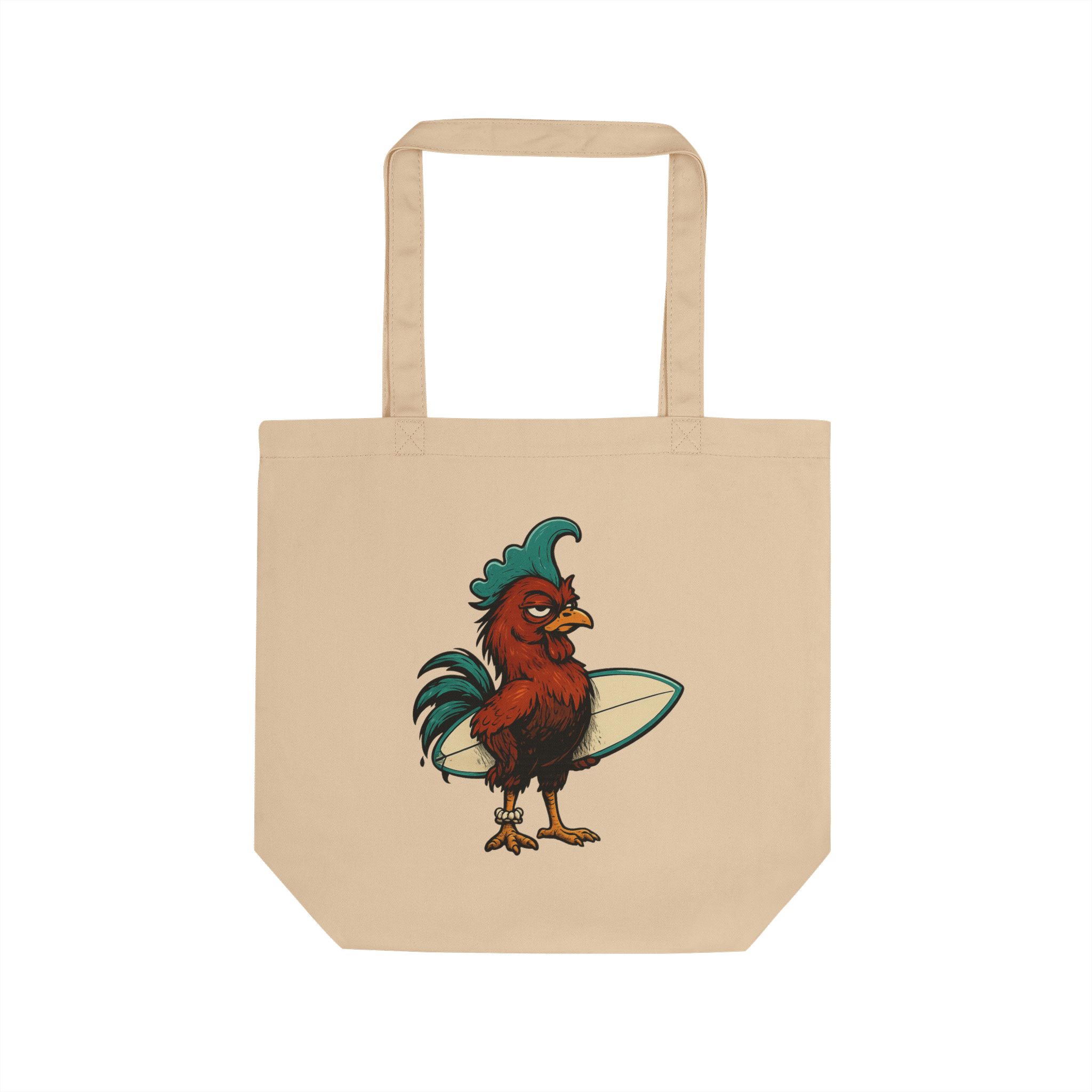 Kani da Moa rooster surfer graphic on a natural canvas eco tote bag, front view