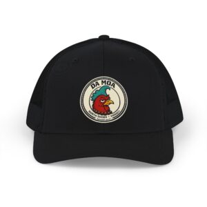 Da Moa rooster patch trucker cap in all black, front view