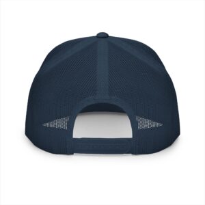 Navy Three Prong trucker cap from the back — mesh panels and snapback closure
