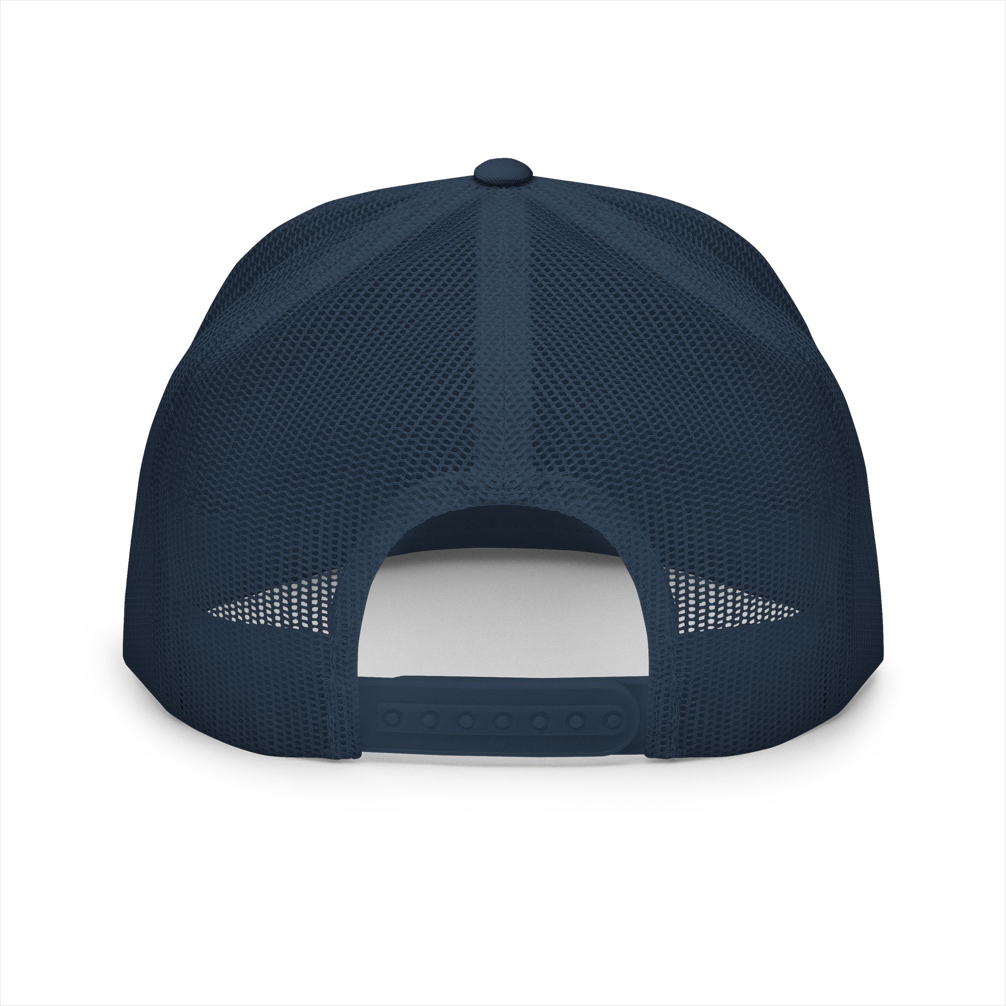 Navy Three Prong trucker cap from the back — mesh panels and snapback closure