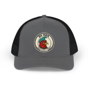 Da Moa rooster patch trucker cap, charcoal front with black mesh back, front view