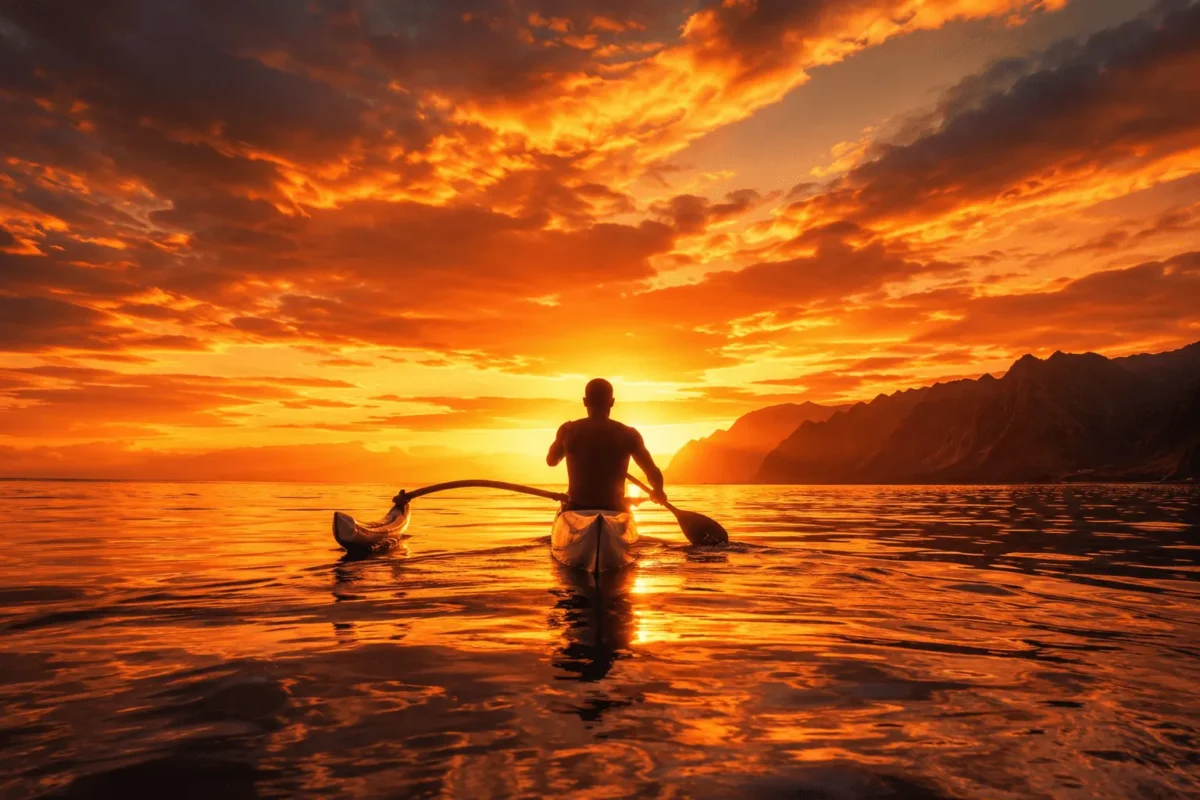 Outrigger canoe paddler at sunset off Kauai — Paddle for Life
